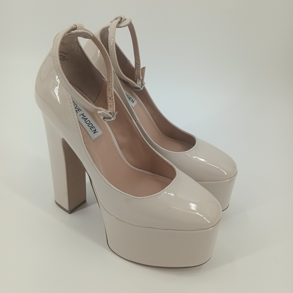 Steve Madden Skyrise Bone Patent Platform Pumps Block Heel Ankle Strap SKYR01S1